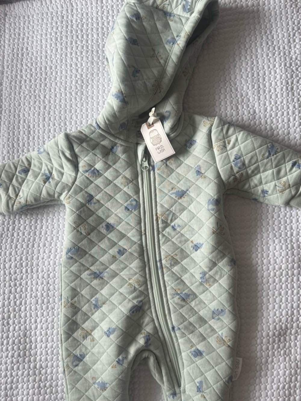 Quilted Hooded Baby One-Piece in Soft Mint with Blue Print